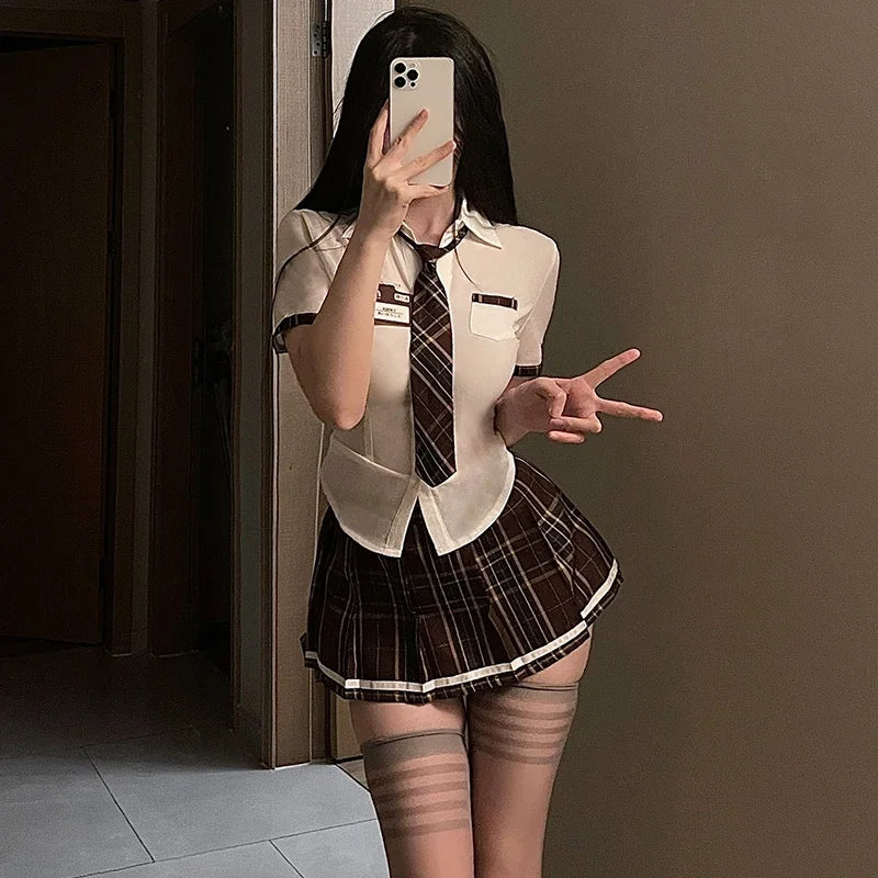 Earth-Toned Collegiate Roleplay Set with Collared Top, Brown Plaid Skirt, and Coordinated Tie