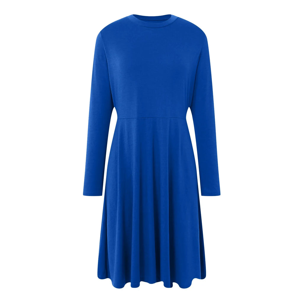 Elegant Solid Color Long-Sleeve A-Line Dress with High Waistline