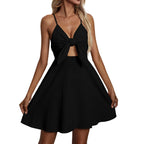 Bow Front Strappy Mini Dress With Flared Skater Silhouette And Open Front Detail