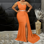 Vibrant Yellow One-Shoulder Evening Gown with Ruched Bodice and High Slit