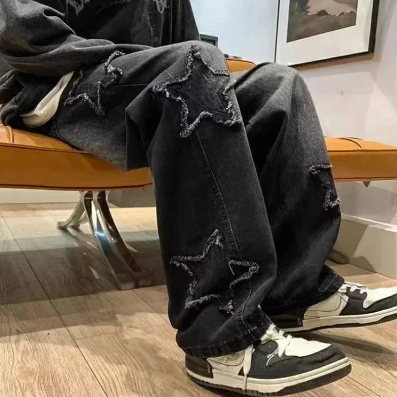 Men's Relaxed Wide Leg Denim Jeans with Star Patch Detail and Streetwear Style