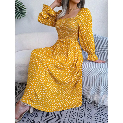 Square Neck Polka Dot Maxi Dress with Long Sleeves and Flowy Silhouette
