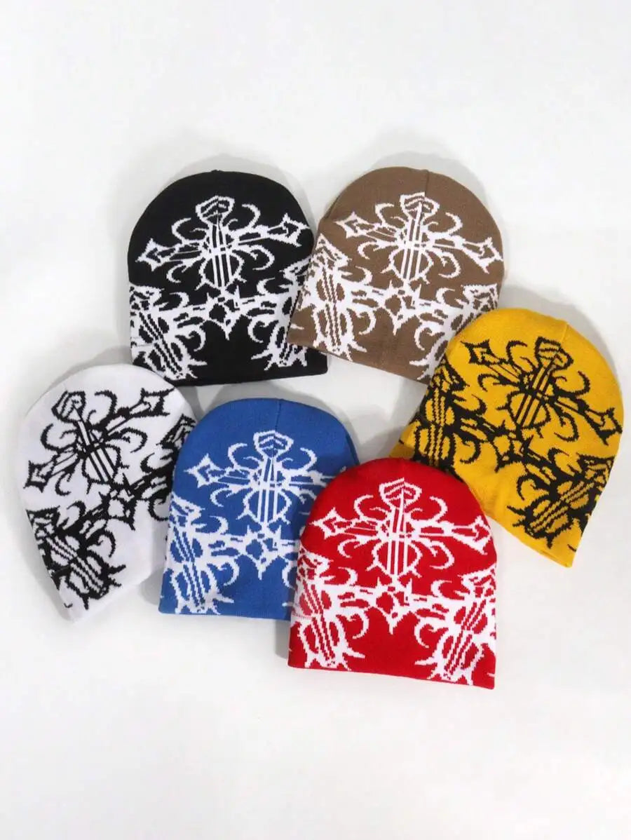 Abstract Jacquard Acrylic Knit Beanie for Modern Streetwear Casual Winter Everyday Fashion Style