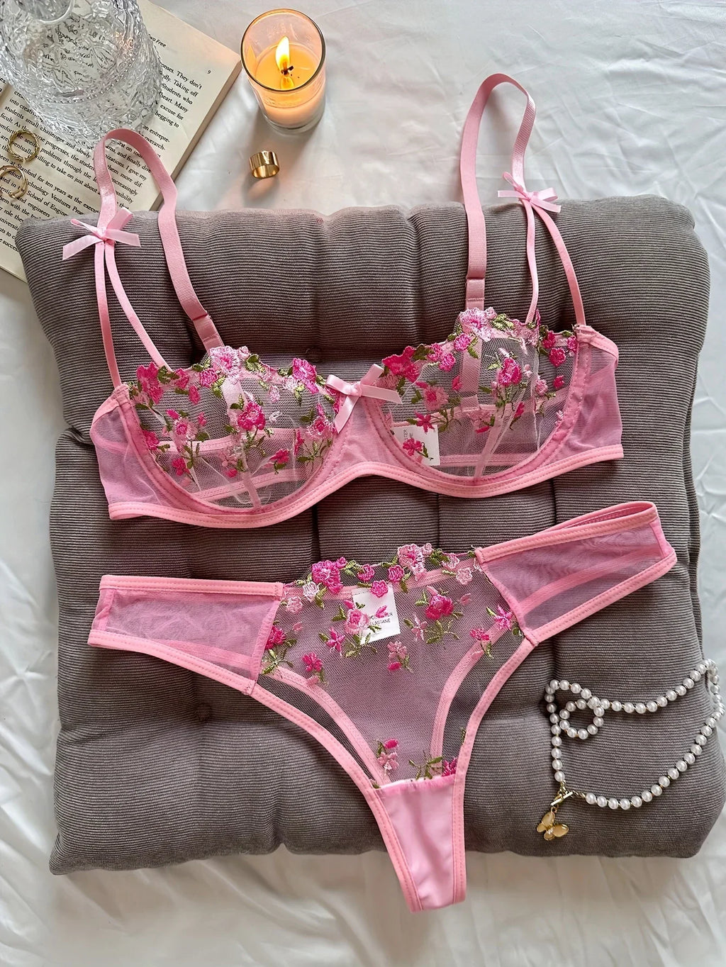Vibrant Floral Rose Embroidery Sheer Underwire Lingerie Set