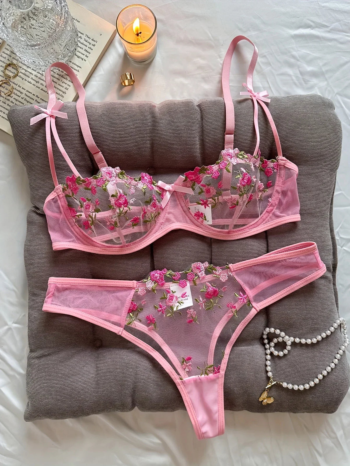 Vibrant Floral Rose Embroidery Sheer Underwire Lingerie Set
