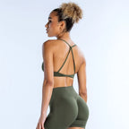 Olive Green Strappy Open-Back Sports Bra with Scoop Neckline