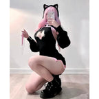 Women's Cat-Inspired Knit Dress with Hood, Paw Sleeve Covers and Matching Tail Accessory