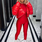 Women's Gloss Finish Puffer Bomber Jacket with Stand Collar Contemporary Streetwear Outerwear