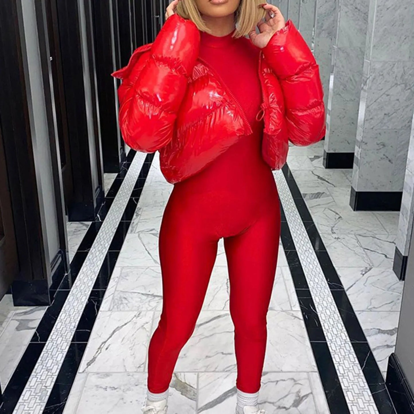 Women's Gloss Finish Puffer Bomber Jacket with Stand Collar Contemporary Streetwear Outerwear