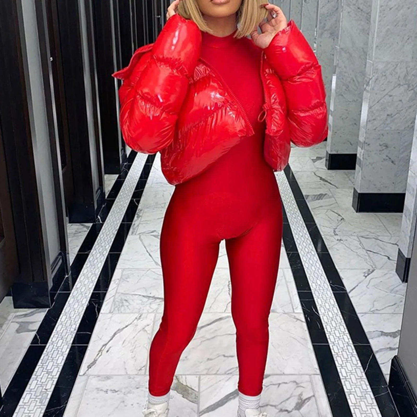 Women's Gloss Finish Puffer Bomber Jacket with Stand Collar Contemporary Streetwear Outerwear