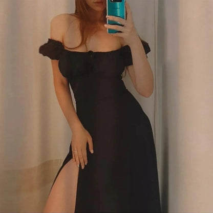 Off Shoulder Maxi Dress with Bubble Sleeves and Side Slit Detail
