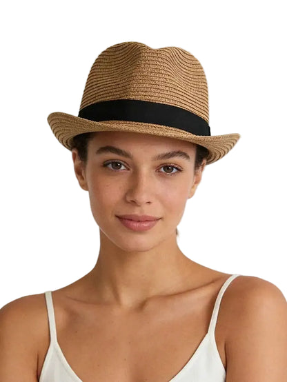 Unisex Woven Straw Fedora Sun Hat with Decorative Band for Casual Summer Outdoor Style