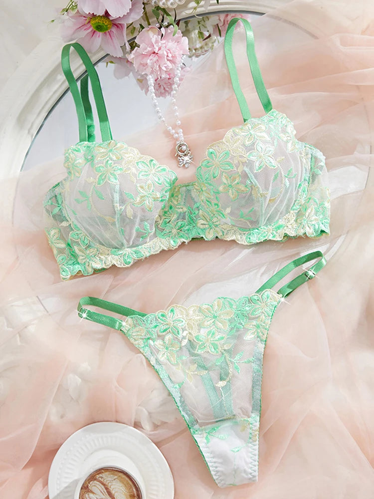 Purple Floral Blossom Embroidered Sheer Underwire Lingerie Set