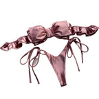 Metallic Pink Bandeau Bikini with Oversized Center Bow and Ruffled Trim