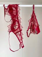 Embroidered Sheer Floral Lace Demi-Cup Bra and Matching Low-Rise Thong Set