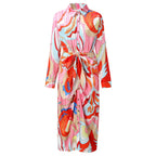 Abstract Print Maxi Dress with Belted Waist and Long Sleeves