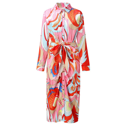 Abstract Print Maxi Dress with Belted Waist and Long Sleeves