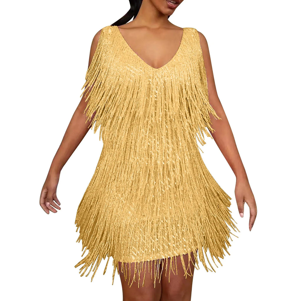 Layered Fringe V-Neck Mini Dress with Dynamic Tassel Detailing