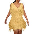 Layered Fringe V-Neck Mini Dress with Dynamic Tassel Detailing