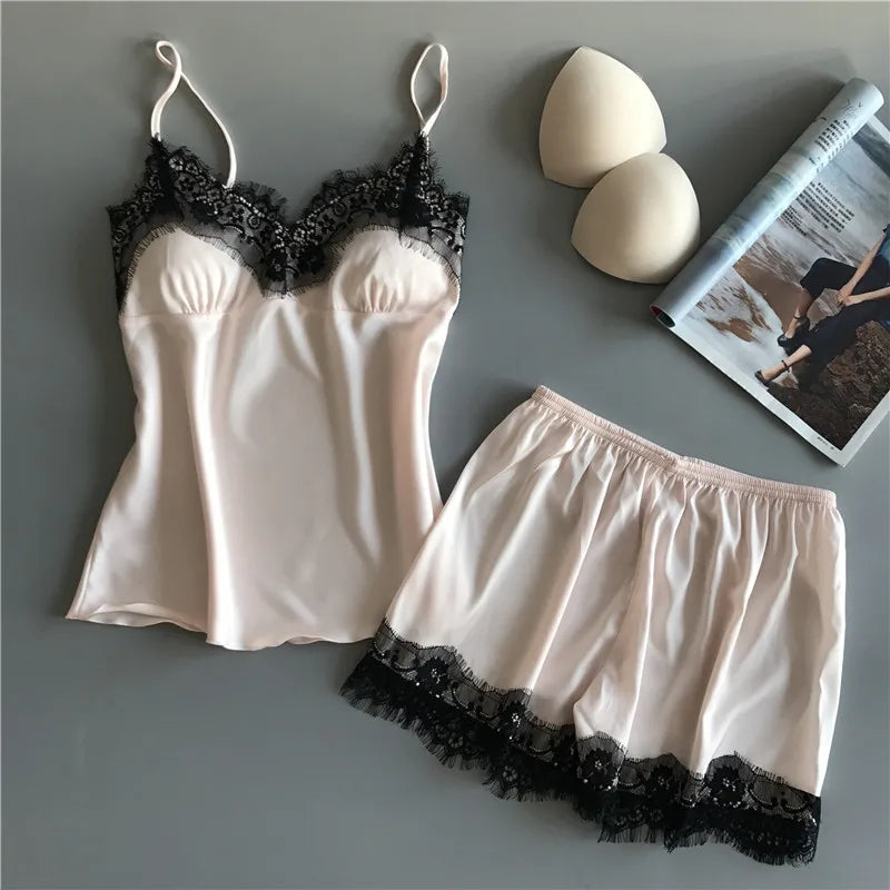 Sleek Satin-Finish Black Camisole and Shorts Sleep Set with Delicate Lace Trim