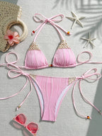 Pastel Pink Textured Triangle Bikini with Woven Bead Trim