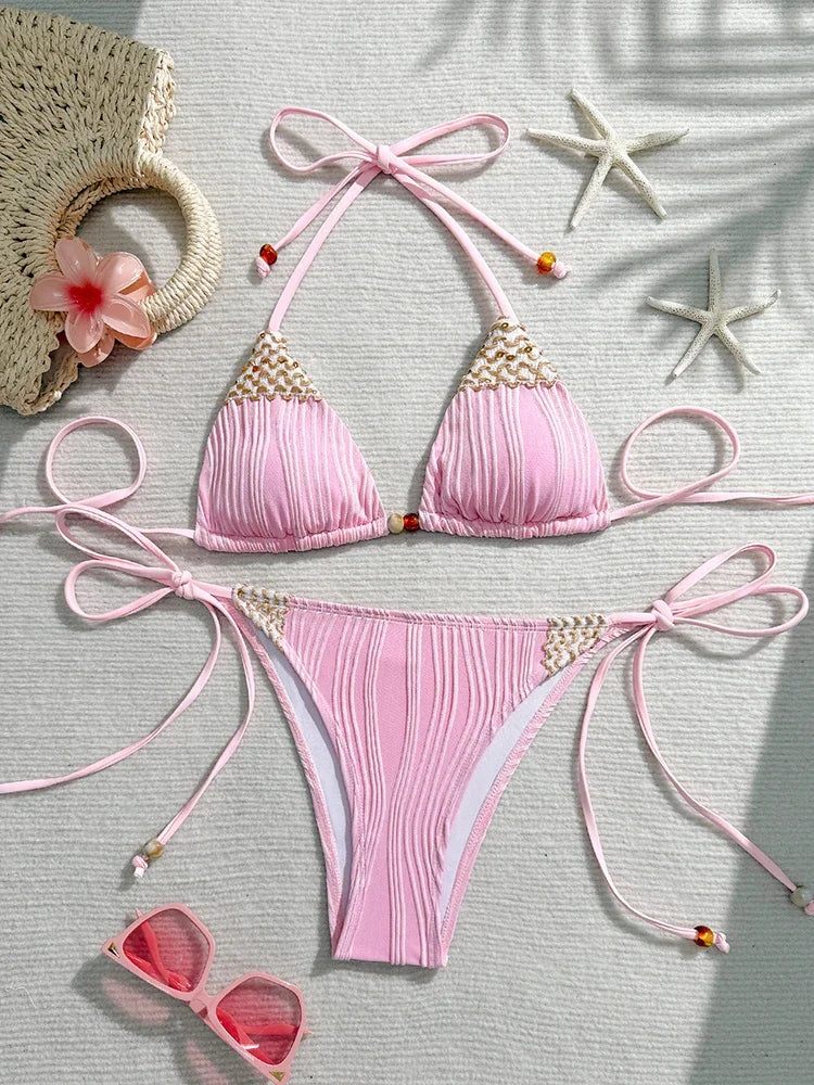 Pastel Pink Textured Triangle Bikini with Woven Bead Trim