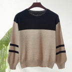 Women's Oversized Color Block Crew Neck Ribbed Knit Pullover Sweater