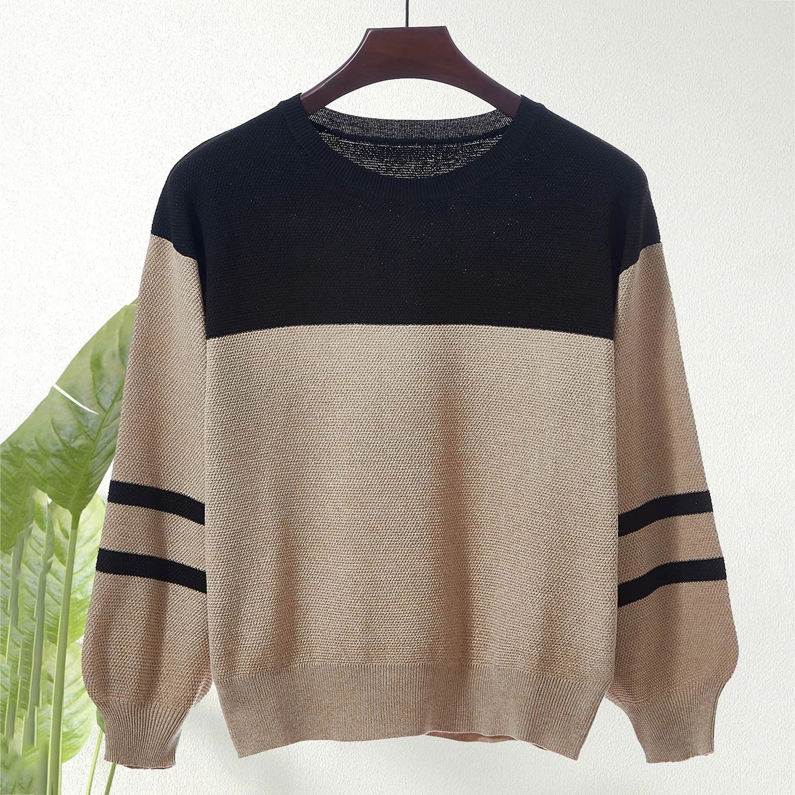 Women's Oversized Color Block Crew Neck Ribbed Knit Pullover Sweater