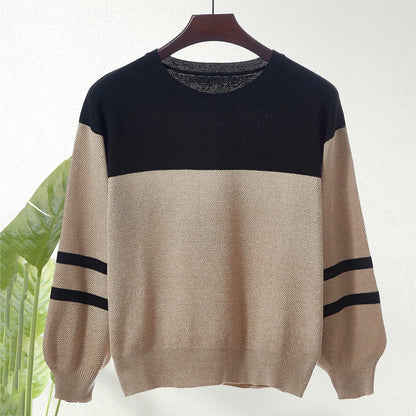 Women's Oversized Color Block Crew Neck Ribbed Knit Pullover Sweater