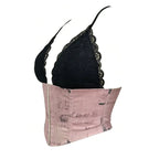 Romantic Blush Pink Satin Corset Top with Black Lace Cups and Front Zipper