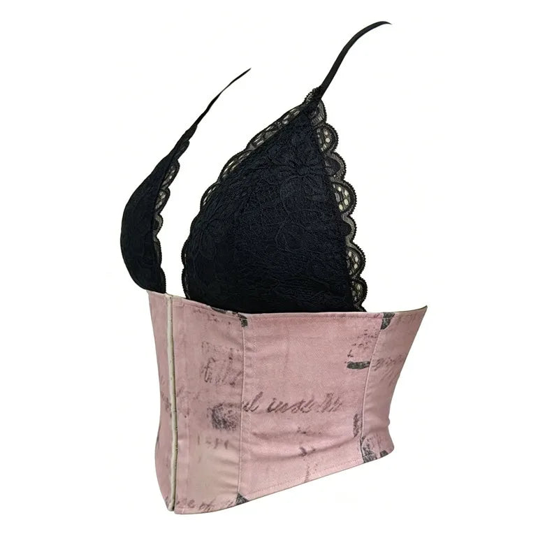 Romantic Blush Pink Satin Corset Top with Black Lace Cups and Front Zipper
