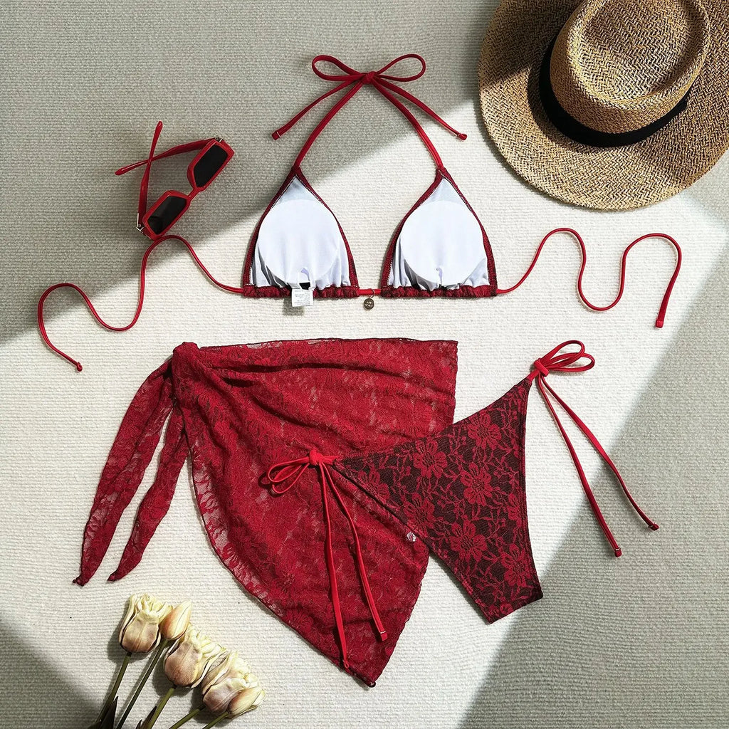 Crimson and Black Lace-Patterned Three-Piece String Bikini and Sarong Set