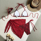Crimson and Black Lace-Patterned Three-Piece String Bikini and Sarong Set