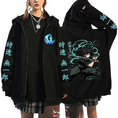 Anime-Inspired Shadow Warrior Zip Hoodie with Retro Manga Streetwear Design