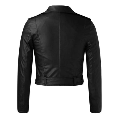 Women's Cropped Faux Leather Moto Jacket with Asymmetrical Zip Contemporary Streetwear Design