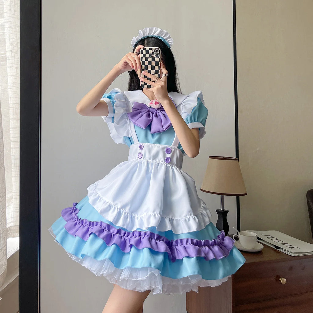 Pastel Tri-Color Lolita Maid Dress with Tiered Ruffles and Purple Bow Accent