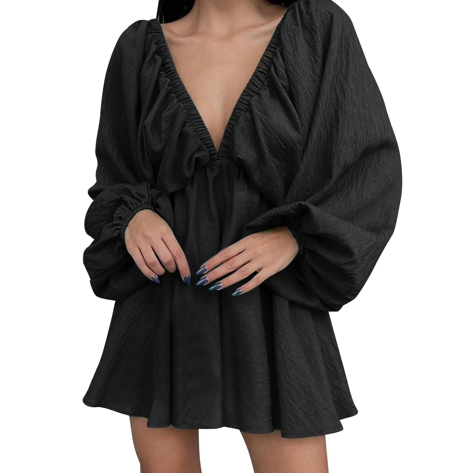 Deep V Neck Pleated Maxi Dress with Flowing Long Sleeves