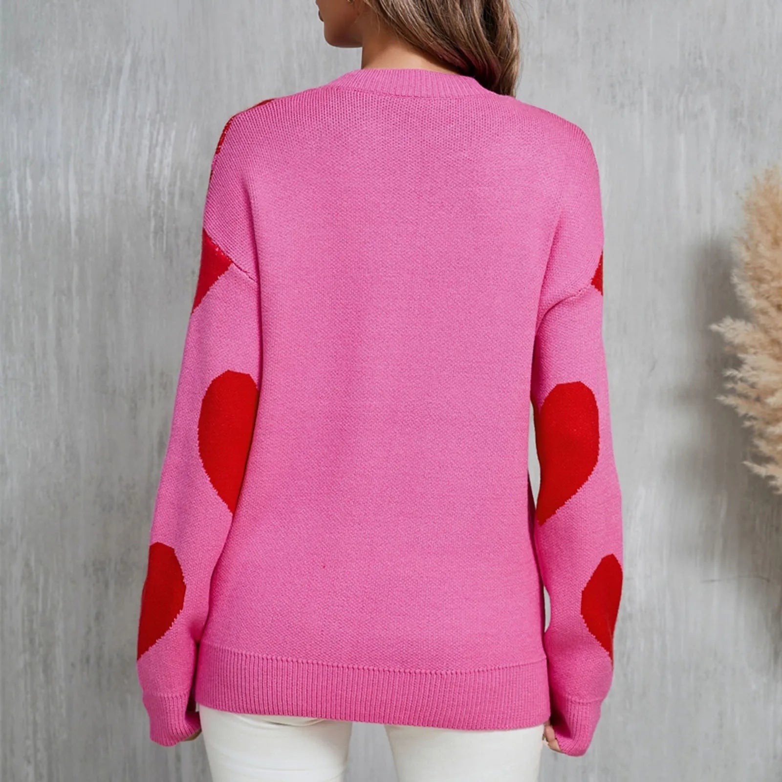 Women's Oversized Heart Pattern Crew Neck Casual Knit Sweater
