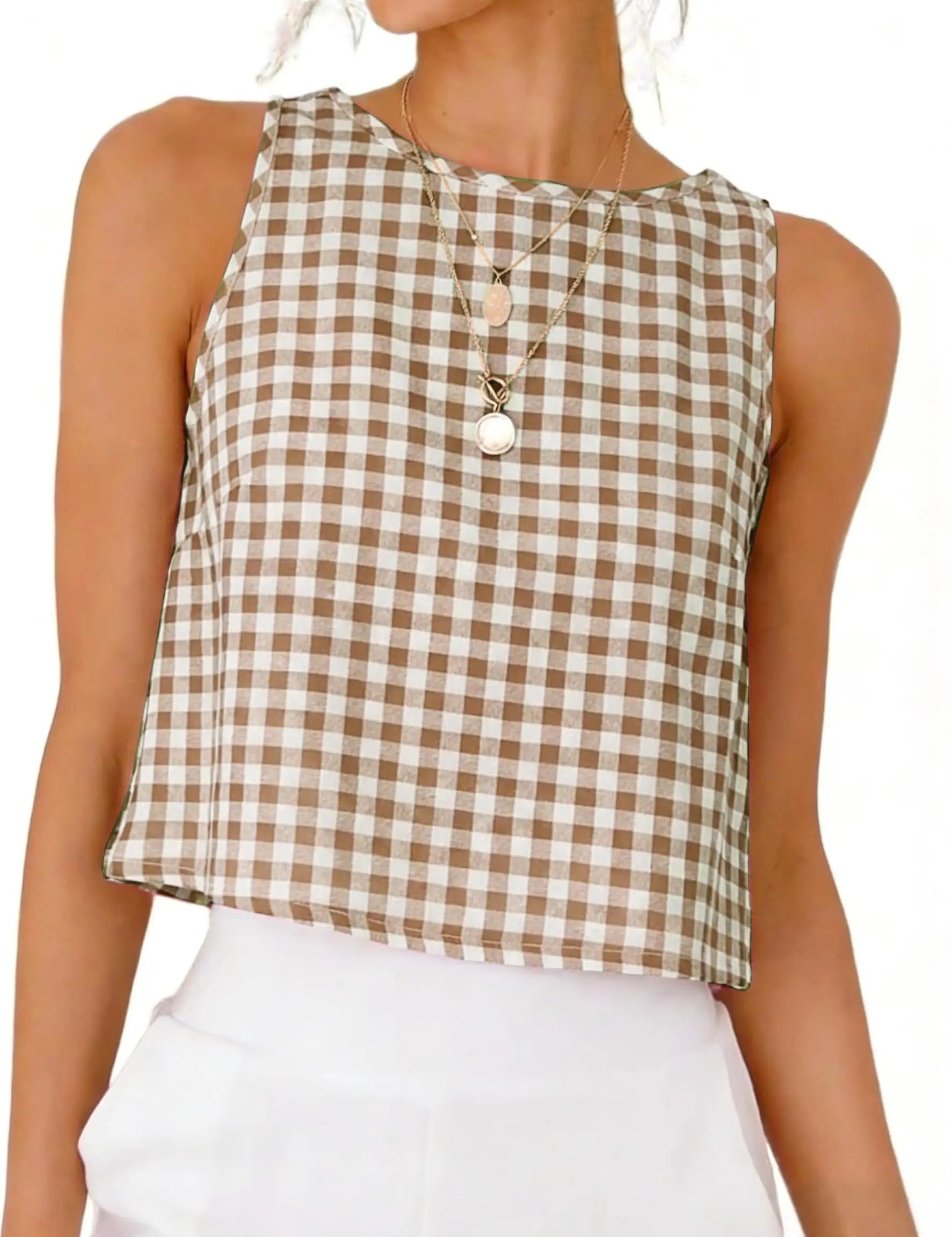 Gingham Sleeveless Crop Top with Minimalist Silhouette and Vintage Inspired Style