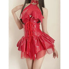 Glossy Gothic Halter Mini Dress with Lace-Up Bodice and Tulle Skirt
