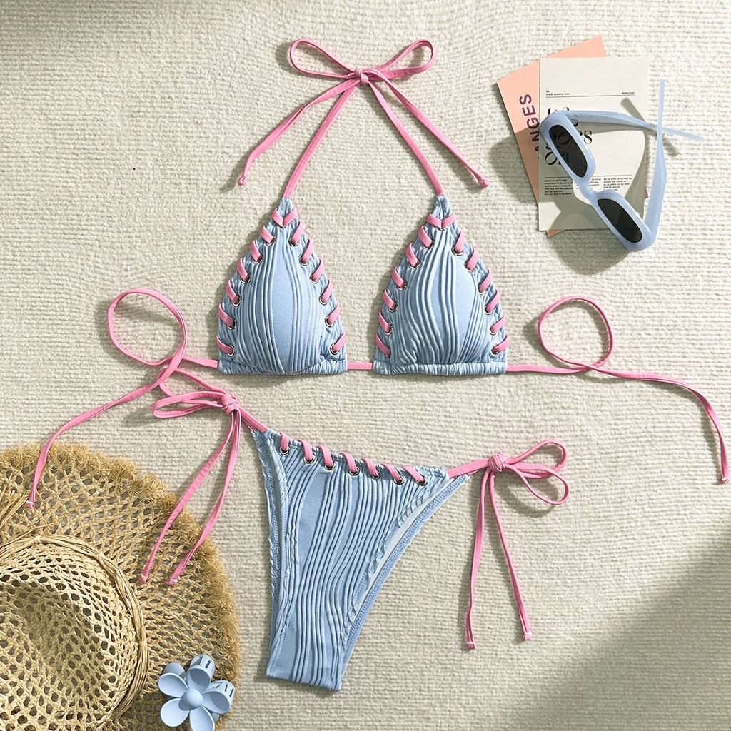 Textured Cream Triangle String Bikini with Shell-Inspired Embellishments