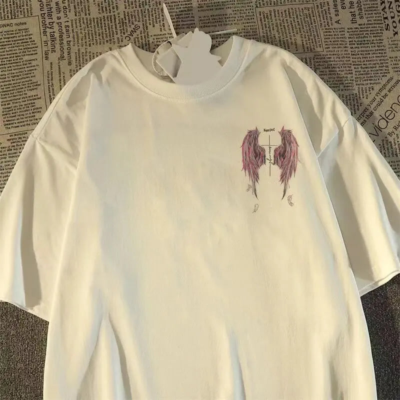 Oversized Wing Graphic Cotton T-Shirt with Vintage High Street Streetwear Design