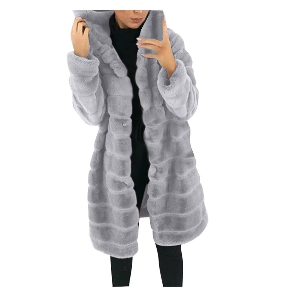 Women's Long Hooded Faux Fur Coat Plush Winter Warm Casual Statement Outerwear