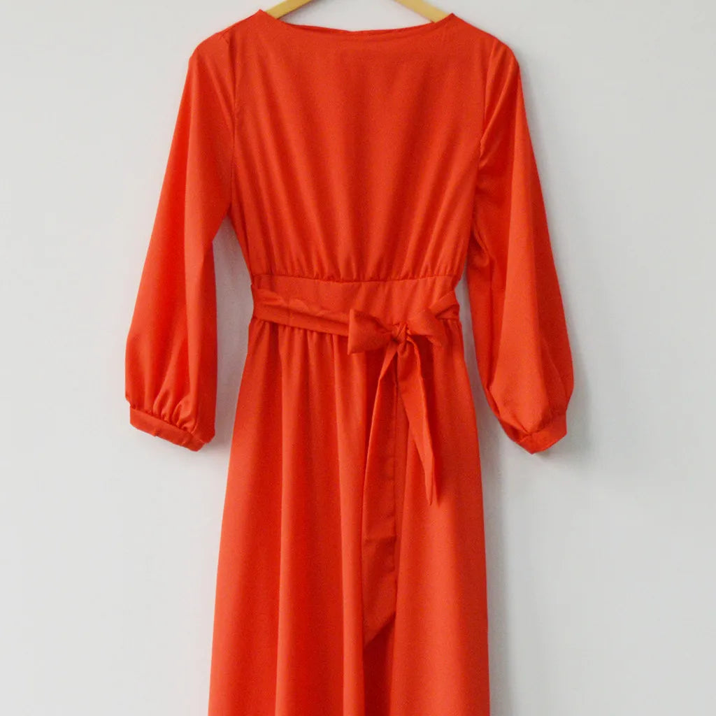 Long Sleeve A-Line Maxi Dress with Defined Waist and Flowing Silhouette