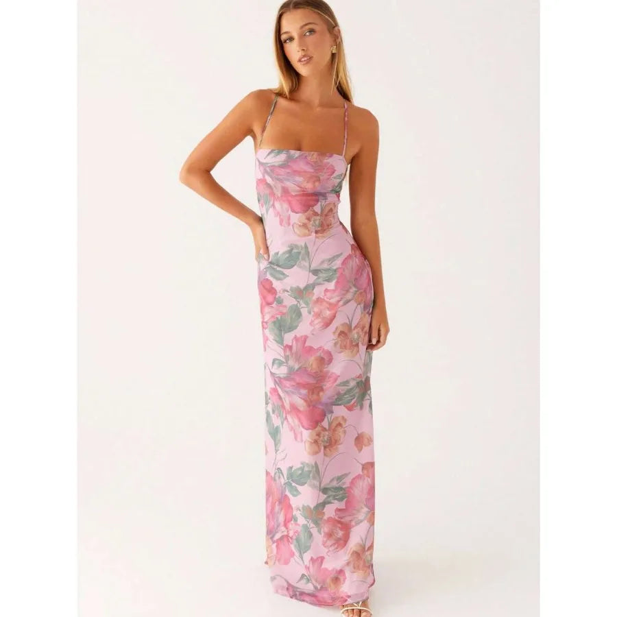 Floral Print Cami Maxi Dress With Straight Neck Silhouette