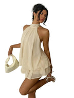 Elegant Cream Halter-Neck Mini Dress with Fluid Draped Silhouette