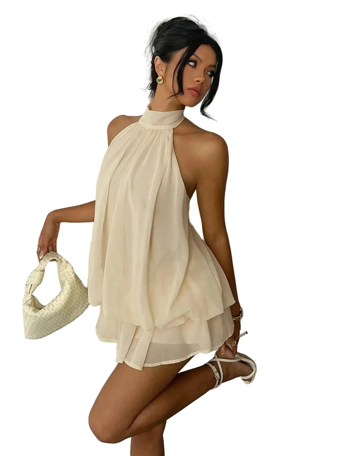 Elegant Cream Halter-Neck Mini Dress with Fluid Draped Silhouette