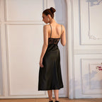 Vibrant Red Satin-Finish Midi Slip Dress with Sheer Lace Midriff