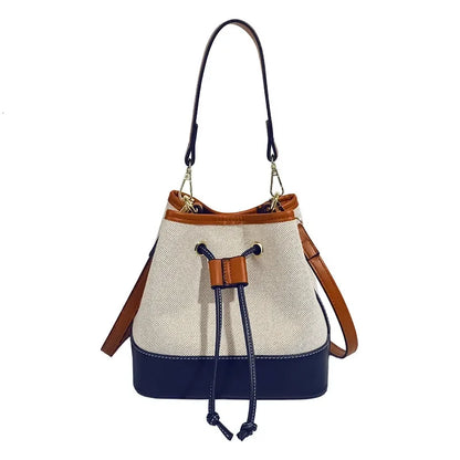 Contrast Panel Bucket Crossbody Shoulder Bag with Drawstring Closure