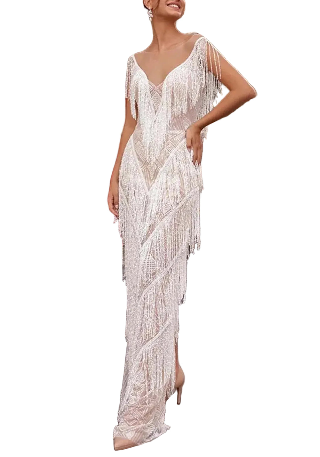 Sleeveless Fringe Maxi Dress with Deep V-Neck and Statement Movement
